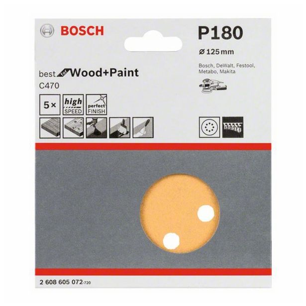 5-DELNI SET SAMOPRITRDILNIH BRUSNIH DISKOV BOSCH 125 MM K180 8 LUKENJ RUMENA BARVA ZA LES