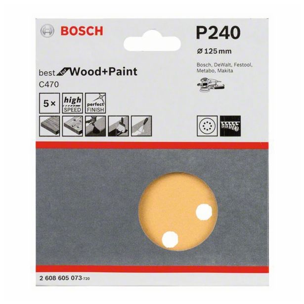 5-DELNI SET SAMOPRITRDILNIH BRUSNIH DISKOV BOSCH 125 MM K240 8 LUKENJ RUMENA BARVA ZA LES
