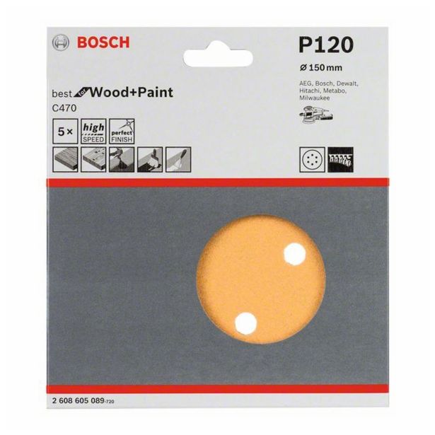 5-DELNI SET SAMOPRITRDILNIH BRUSNIH DISKOV BOSCH 150 MM K120 6 LUKENJ RUMENA BARVA ZA LES