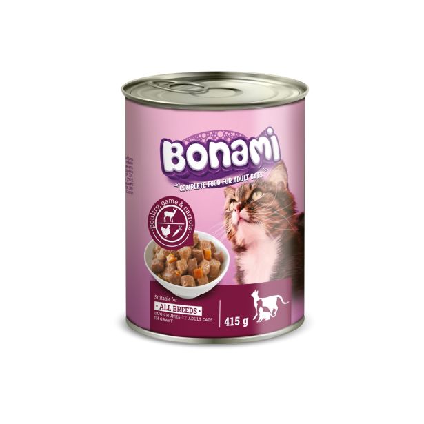 MOKRA HRANA ZA MAČKA BONAMI PLOČEVINKA DIVJAČINA & PERUT. & KORENJE, 415 G