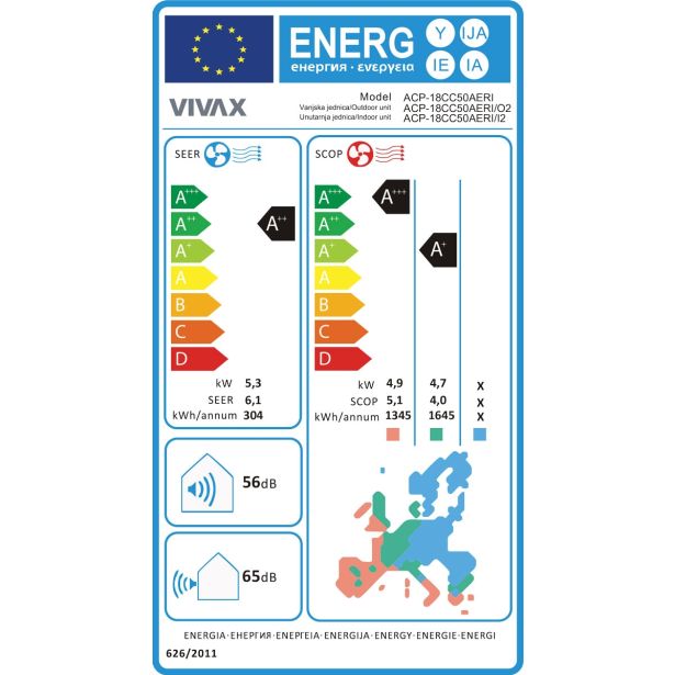 SPLIT ENOJNA INVERTER VIVAX ACP-18CC50AERI KASETNA 5.2 KW, NOTR+ZUN ENOTA