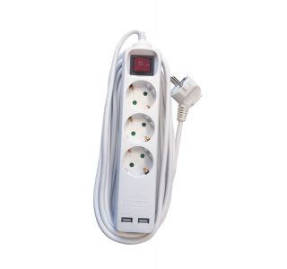 PODALJŠEK S STIKALOM EURO M 3 ŠUKO + 2 USB VTIČNI 3M H05VV-F 3G1.5 PVC BELI