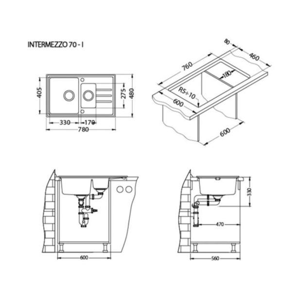 GRANITAL POMIVALNO KORITO ALVEUS INTERMEZZO 70, CARBON-G91 780X480 MM