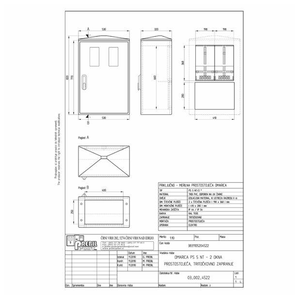 MERILNA OMARICA PREBILPLAST PS 5 NT/2 / 2XOKNO+ROČICA PROSTOSTOJEČA 530X820X320