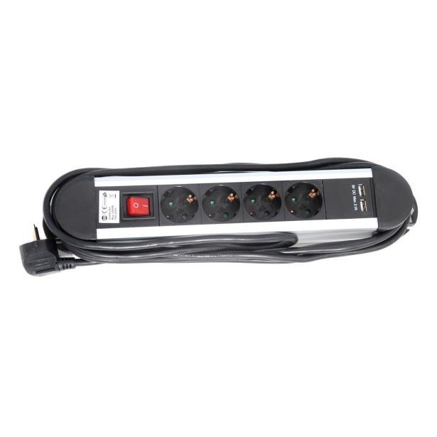 PODALJŠEK S STIKALOM EURO M 4 ŠUKO + 2 USB VTIČNI 4M H05VV-F 3G1.5 PVC ČRN ALU